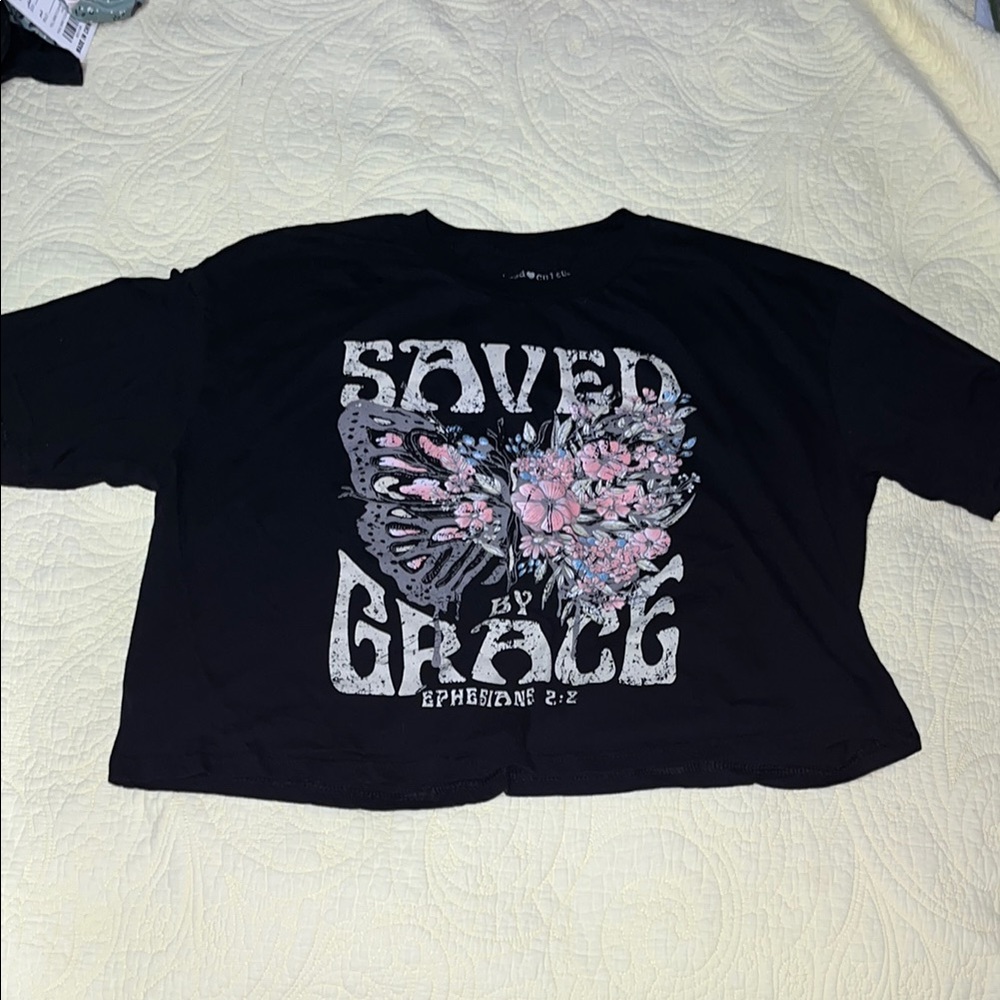 Black Graphic Crop Top with Butterfly Design